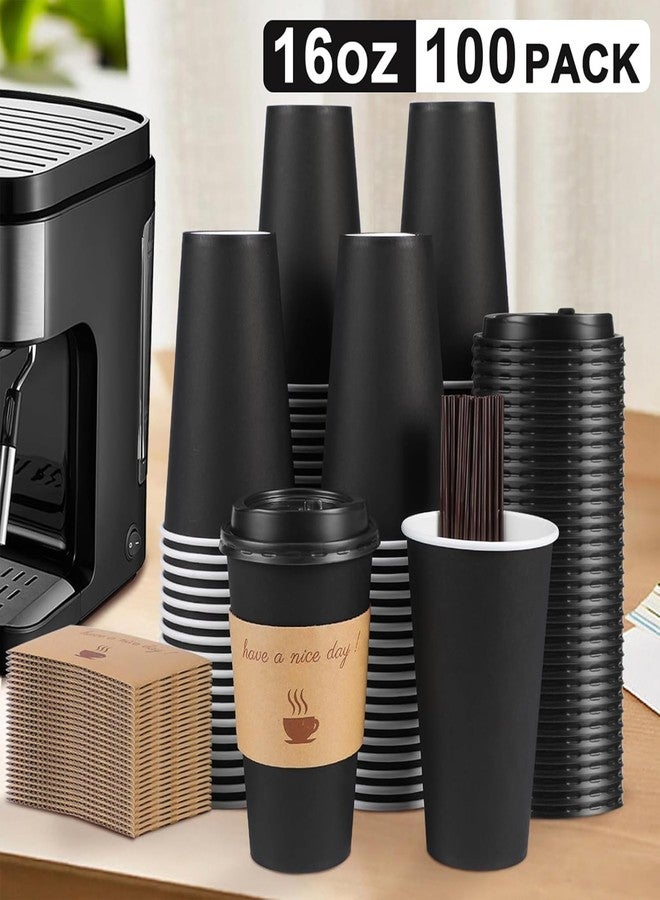 Clawsoff 100 Pack 16 oz Coffee Cups with Lids, Disposable To Go Paper Coffee Cups with Sleeves and Stirring Sticks for Hot/Cold Drinks Office Home Shop Event (Black) - Image 3
